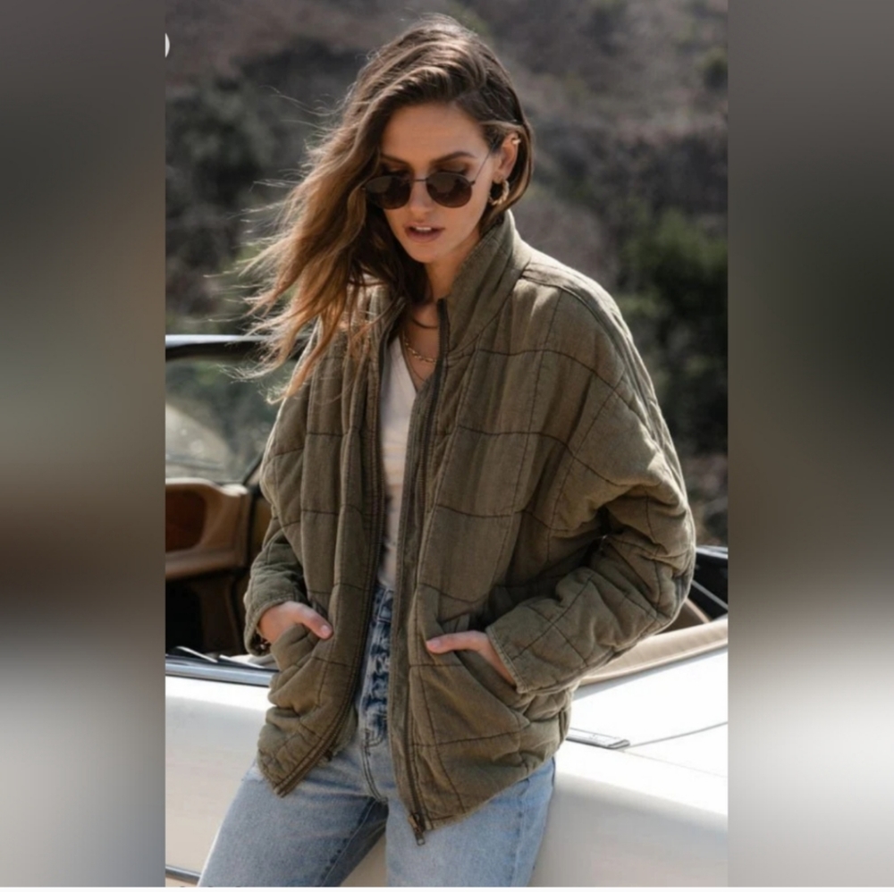 BOHME ACID WASH QUILTED BOMBER JACKET IN OLIVE